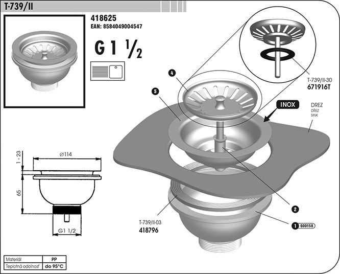 Ventil dřezový vypouštěcí 1 1/2´´ T-739/II plast/nerez  SAM KUTIL Sklad7 3608625.00