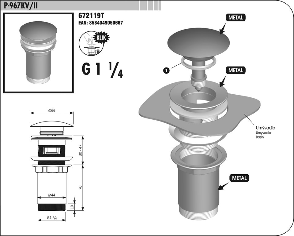 Ventil dřezový vypouštěcí KLIK 1 1/4´´ P-967KV/II  SAM KUTIL Sklad7 3602119.00