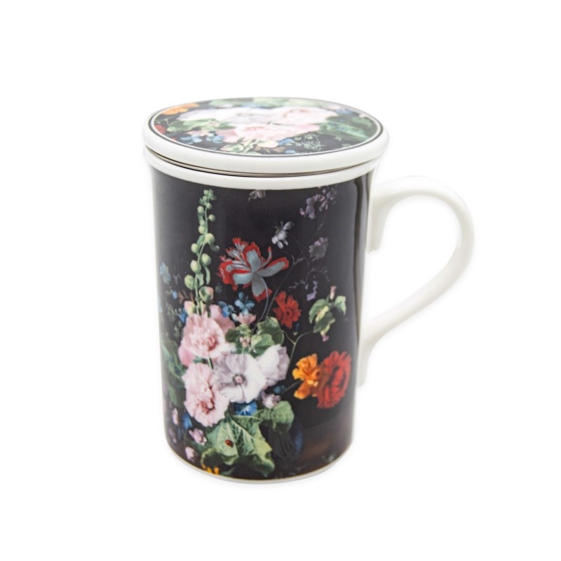 Hrnek porcelán se sítkem a víčkem 320ml  KVĚT ČERNÁ KUTIL Sklad7 438978.00
