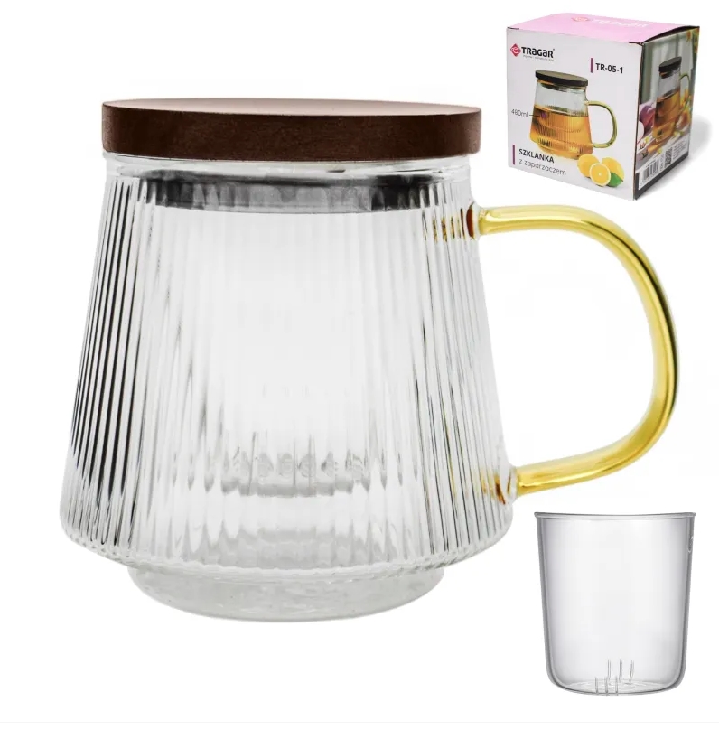 Hrnek sklo 480ml s filtrem a víčkem TRG05