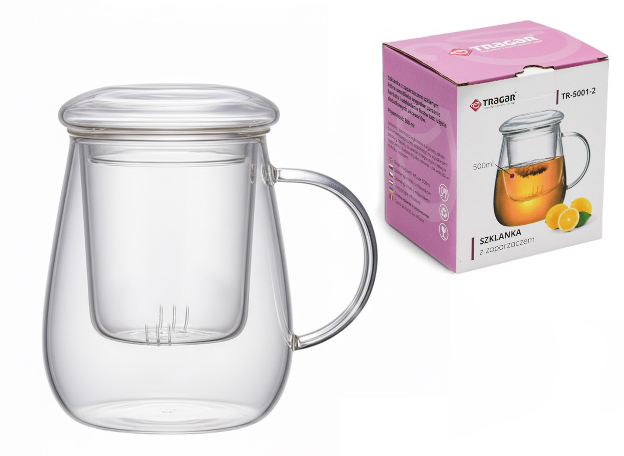 Hrnek sklo 500ml s filtrem a víčkem TRG5001