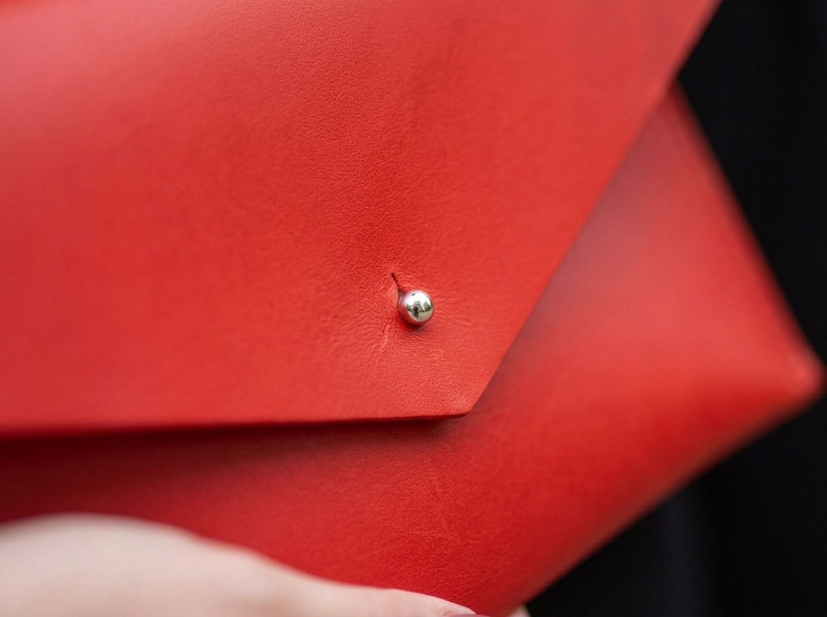 Detail sedlářského knoflíku na špičce víka červeného psaníčka Emily