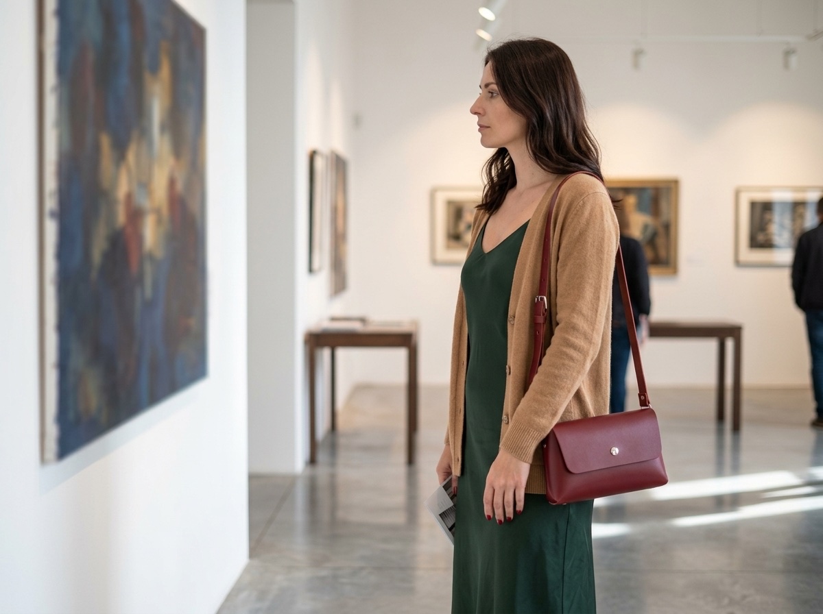 Žena v kavárně s bordó Bellou nošenou přes jedno rameno, espresso v ruce