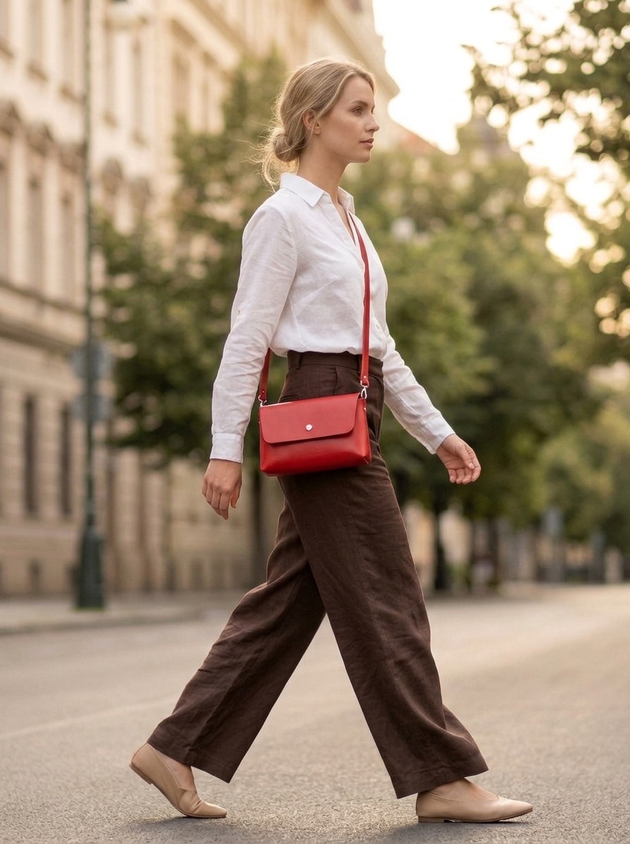 Reálná fotka: červená Bella crossbody u rozkvetlých keřů na jaře