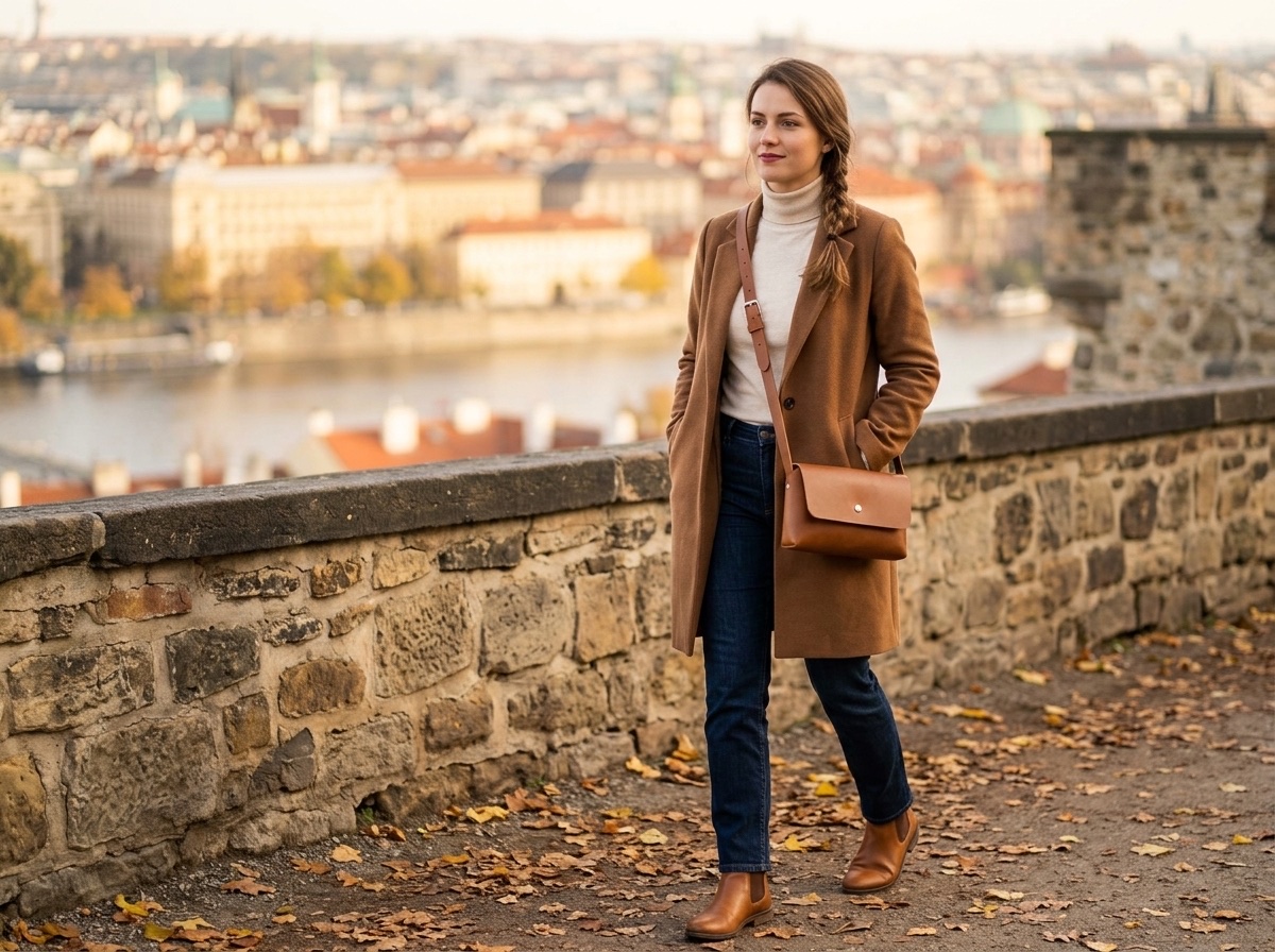 Mladá žena s koňakovou kabelkou Bella crossbody na pražské ulici v podvečerním světle