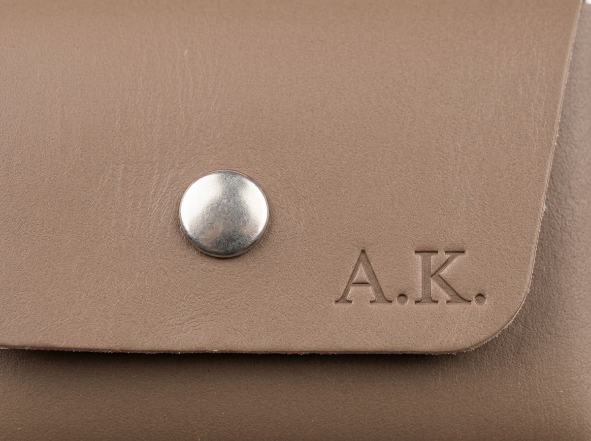 Detail iniciál A.K. vyražených do kůže na klopě taupe Bella mini peněženky