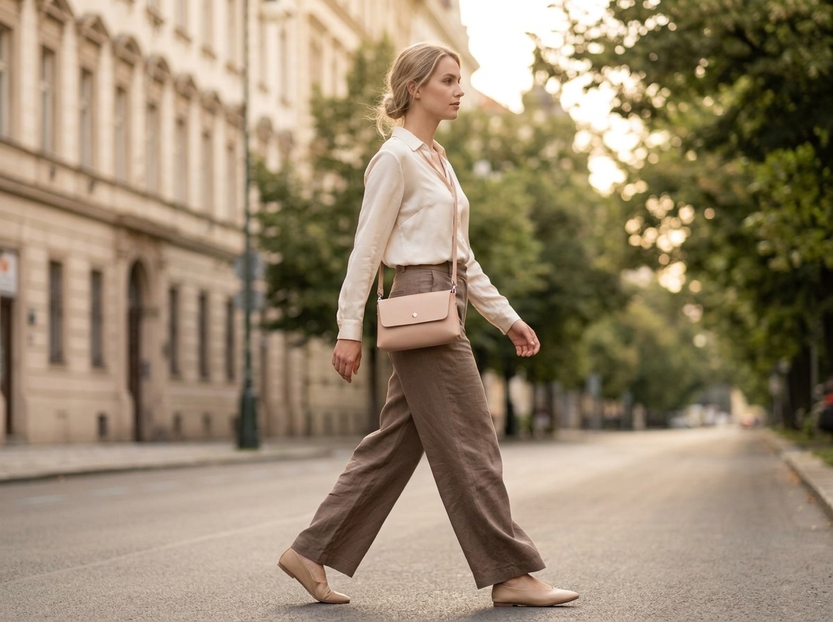 Mladá žena s pudrovou kabelkou Bella crossbody na pražské ulici v podvečerním světle