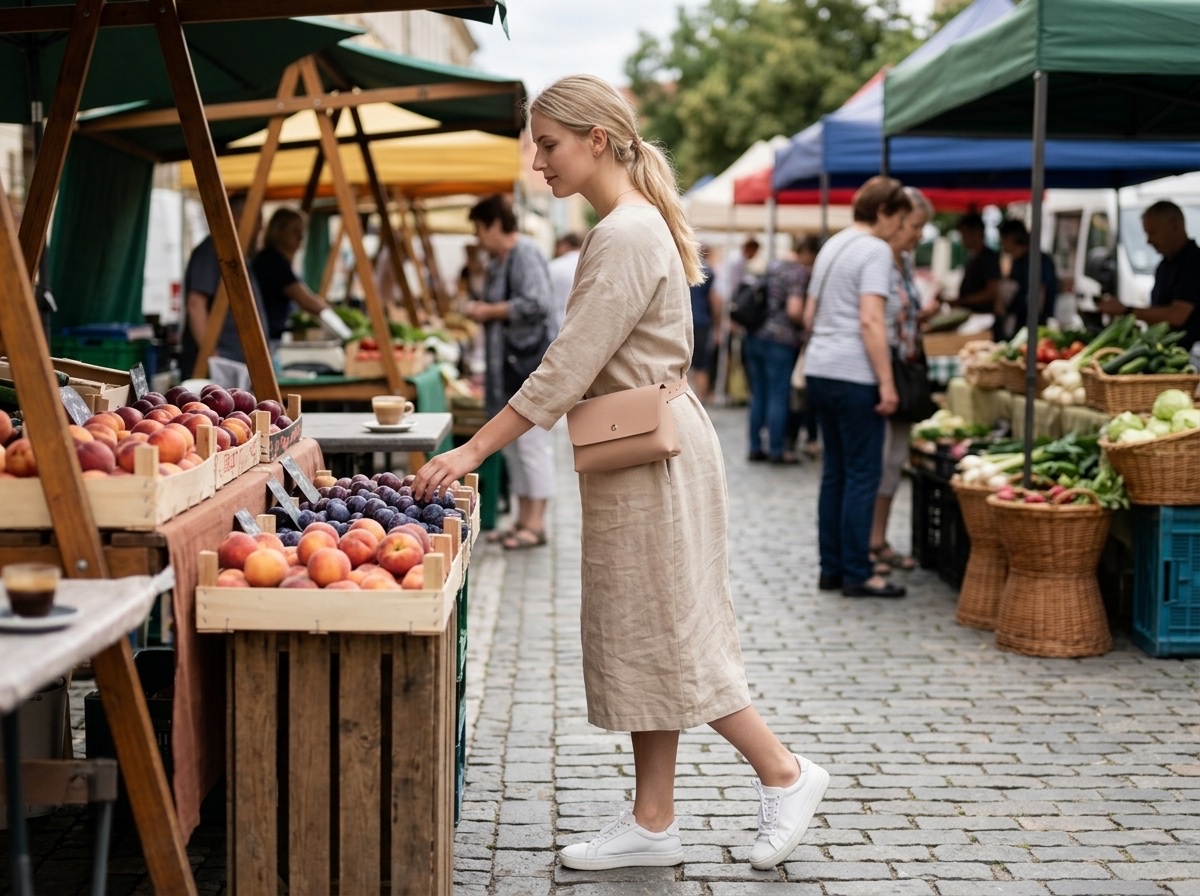 Žena v béžových šatech na farmářském trhu s pudrovou Bellou nošenou jako ledvinka kolem pasu
