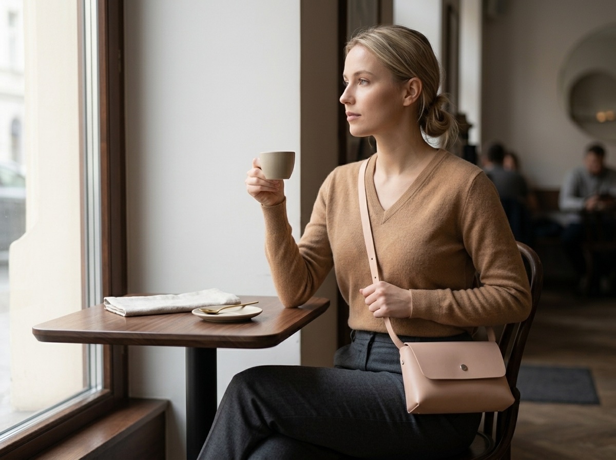 Žena v kavárně s pudrovou Bellou nošenou přes jedno rameno, espresso v ruce