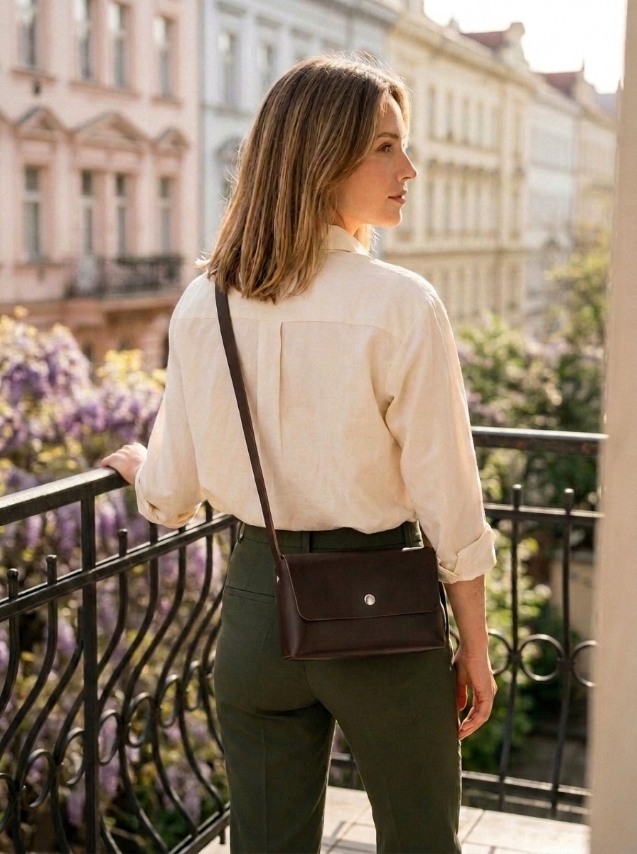 Češka v cream button-down a olivově zelených kalhotech na pražském balkónu Vinohrady, zezadu s tmavě hnědou Bellou crossbody