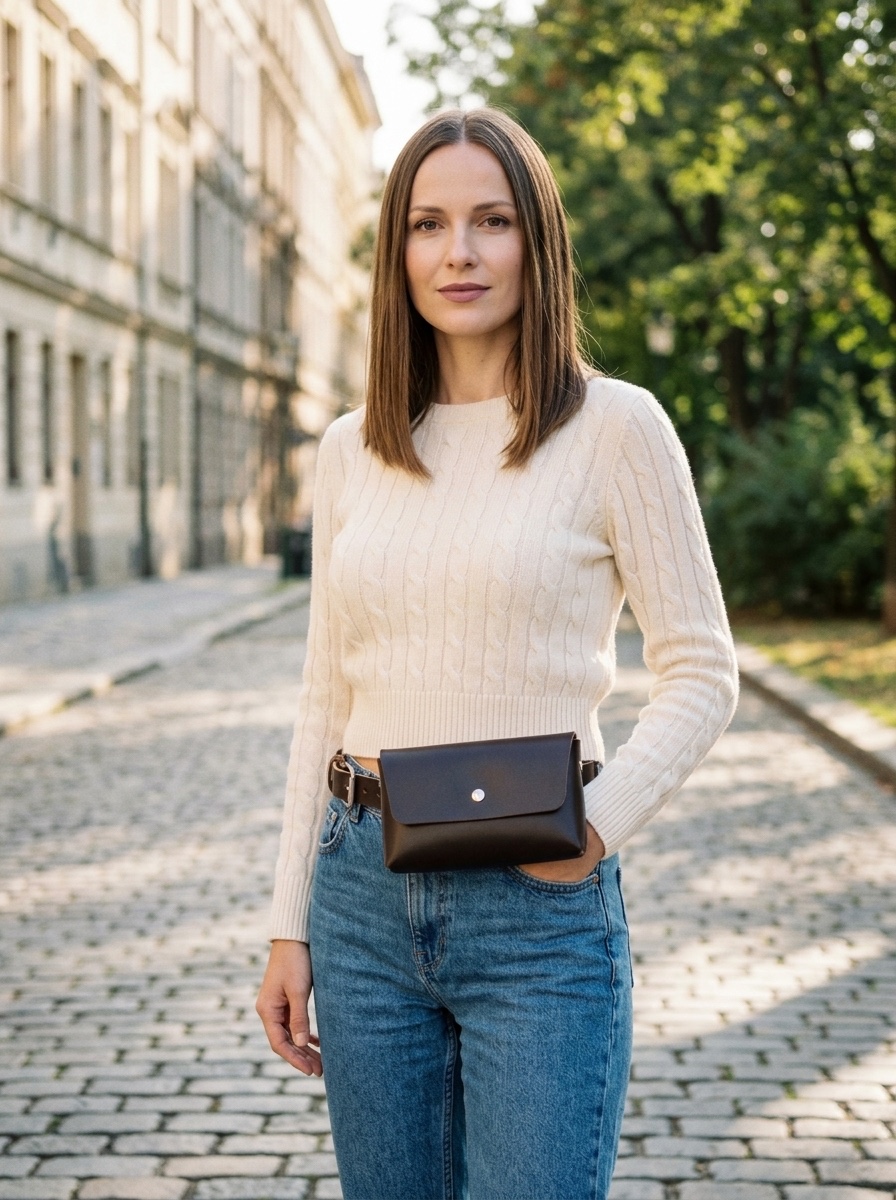 Žena v cable-knit svetru na pražské Letné s tmavě hnědou Bellou nošenou jako ledvinka kolem pasu