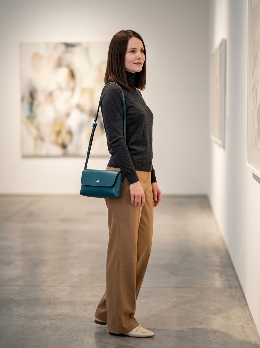 Žena v charcoal turtleneck a camel kalhotech v pražské galerii současného umění s tyrkysovou Bellou crossbody