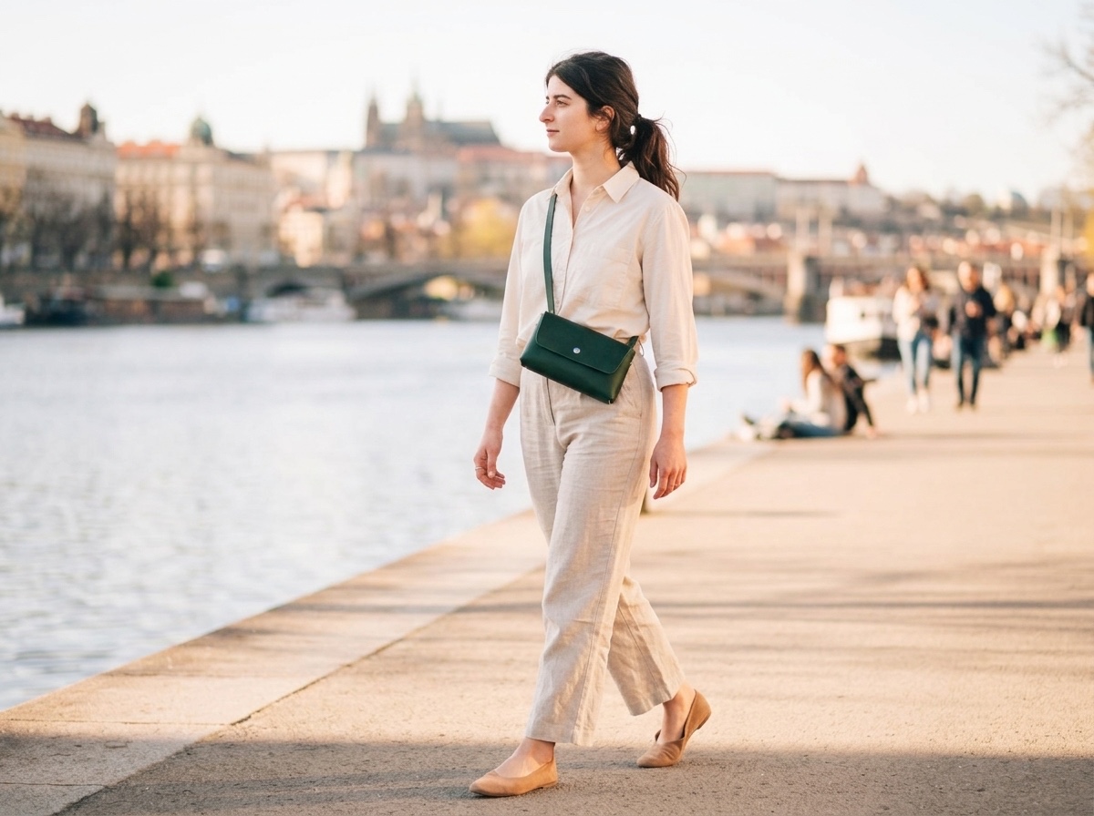 Mladá žena s zelenou kabelkou Bella crossbody na pražské ulici v podvečerním světle