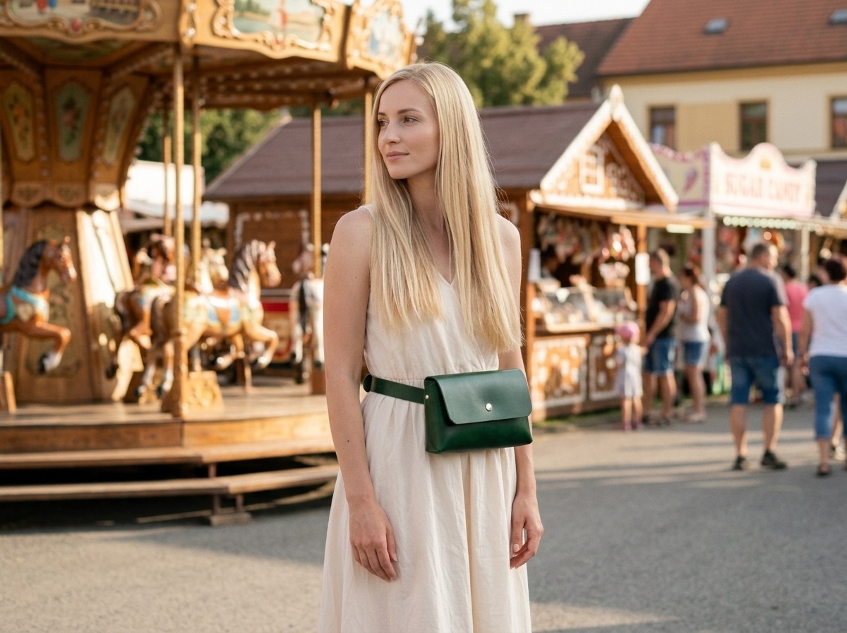 Žena v béžových šatech na farmářském trhu s zelenou Bellou nošenou jako ledvinka kolem pasu