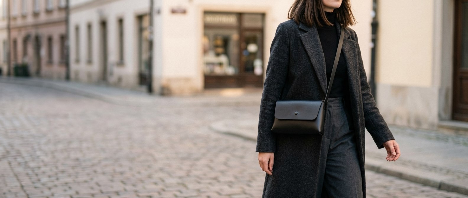 Žena v dlouhém vlněném kabátě nese černou koženou kabelku Bella crossbody v ulici