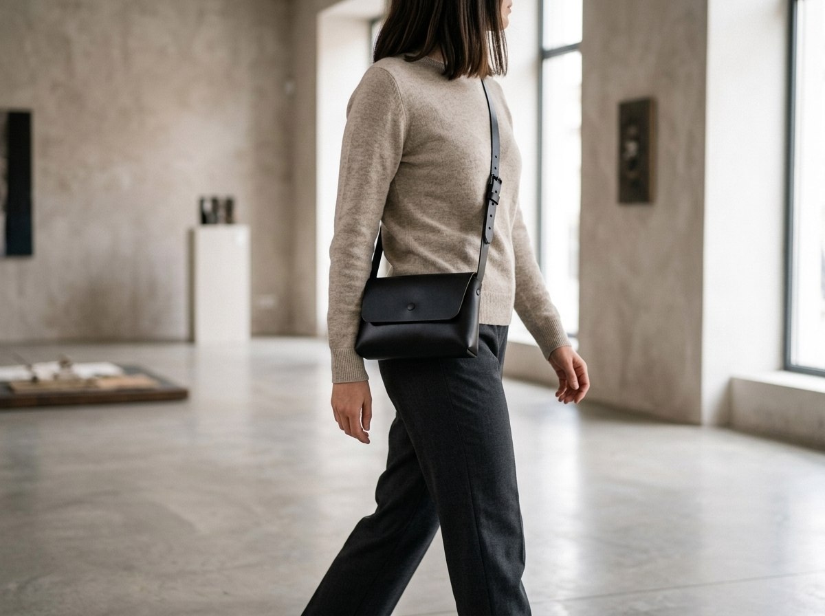 Kabelka Bella nesená crossbody přes tělo, na popruhu je vidět matně černá přezka