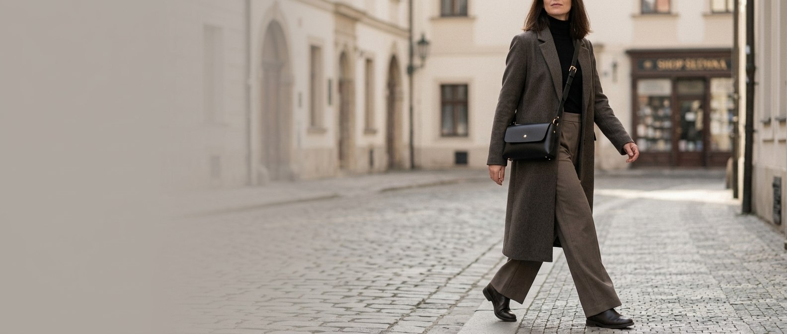 Žena v dlouhém vlněném kabátě nese černou koženou kabelku Bella crossbody v ulici