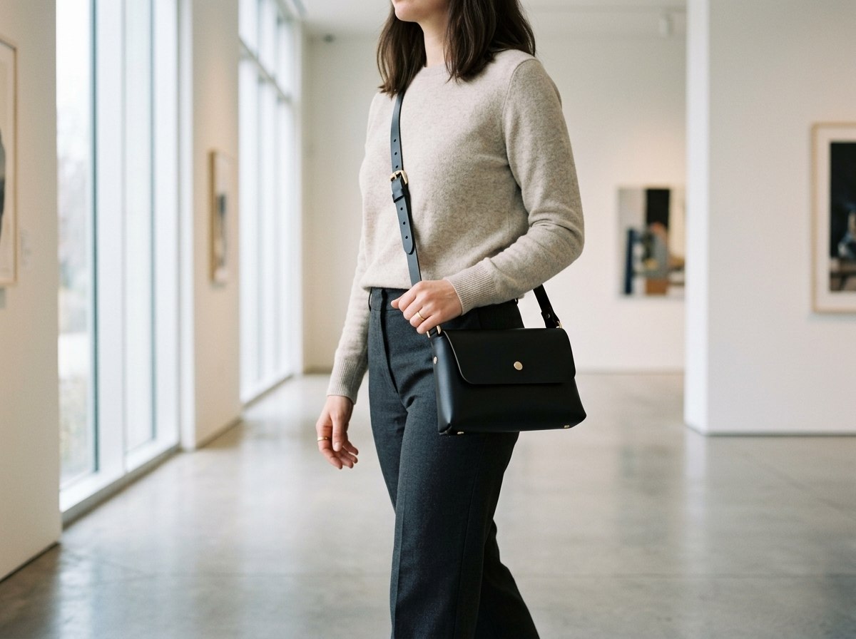 Kabelka Bella nesená crossbody přes tělo, na popruhu je vidět zlatá přezka