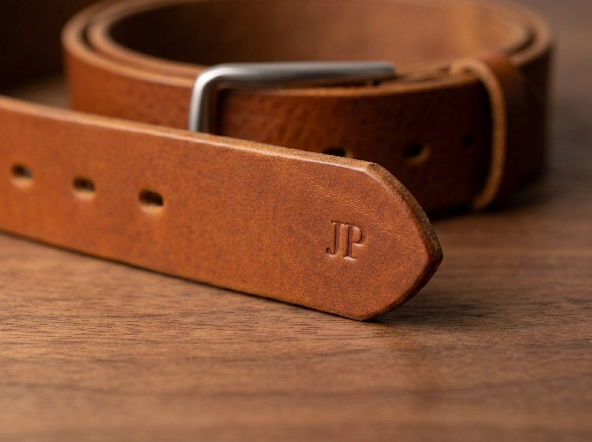 Anglický hrot širokého koňakového opasku Lumberjack Big s decentně vyraženým monogramem