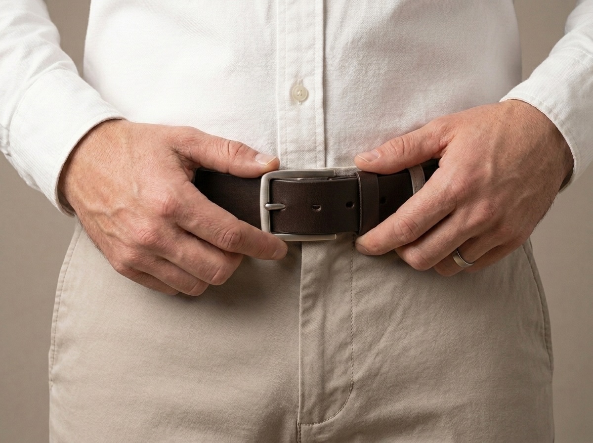 Muž si zapíná tmavě hnědý opasek Charles, vidět přezka a řada dírek
