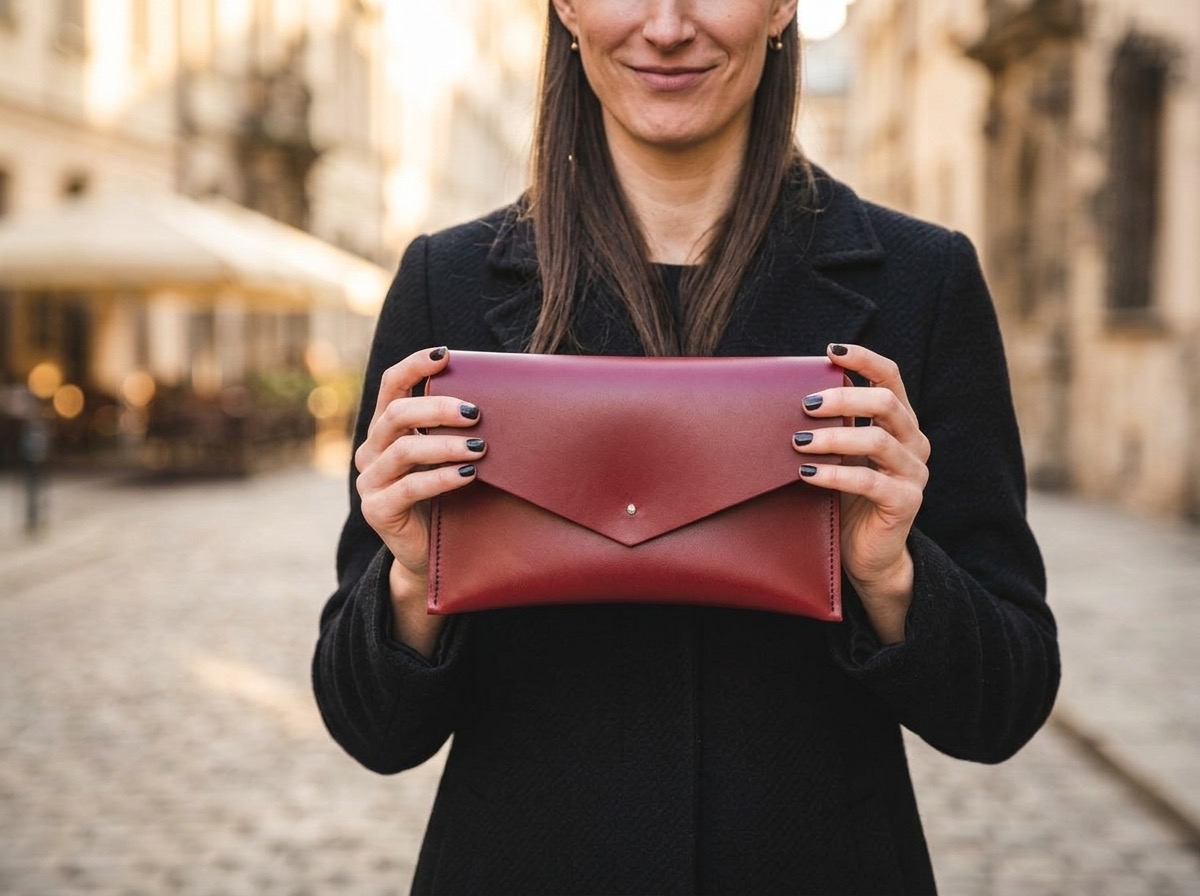 Žena na dlážděné ulici drží bordó kožené psaníčko Emily oběma rukama