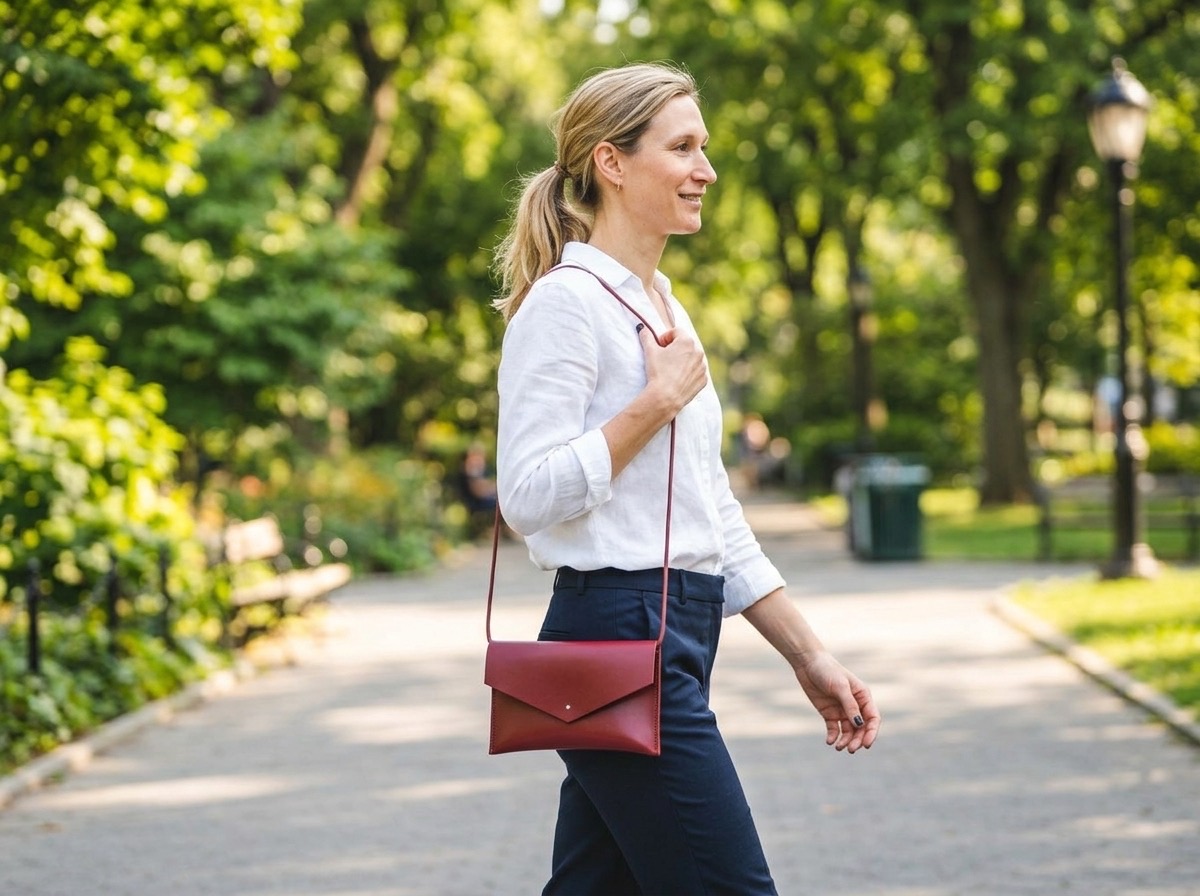 Žena v kamelovém kabátu kráčí podzimním bulvárem s bordó psaníčkem Emily crossbody