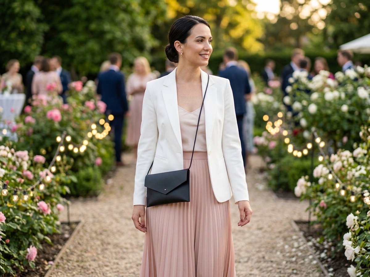 Žena v růžové sukni a bílém saku s černým psaníčkem Emily crossbody na zahradní párty