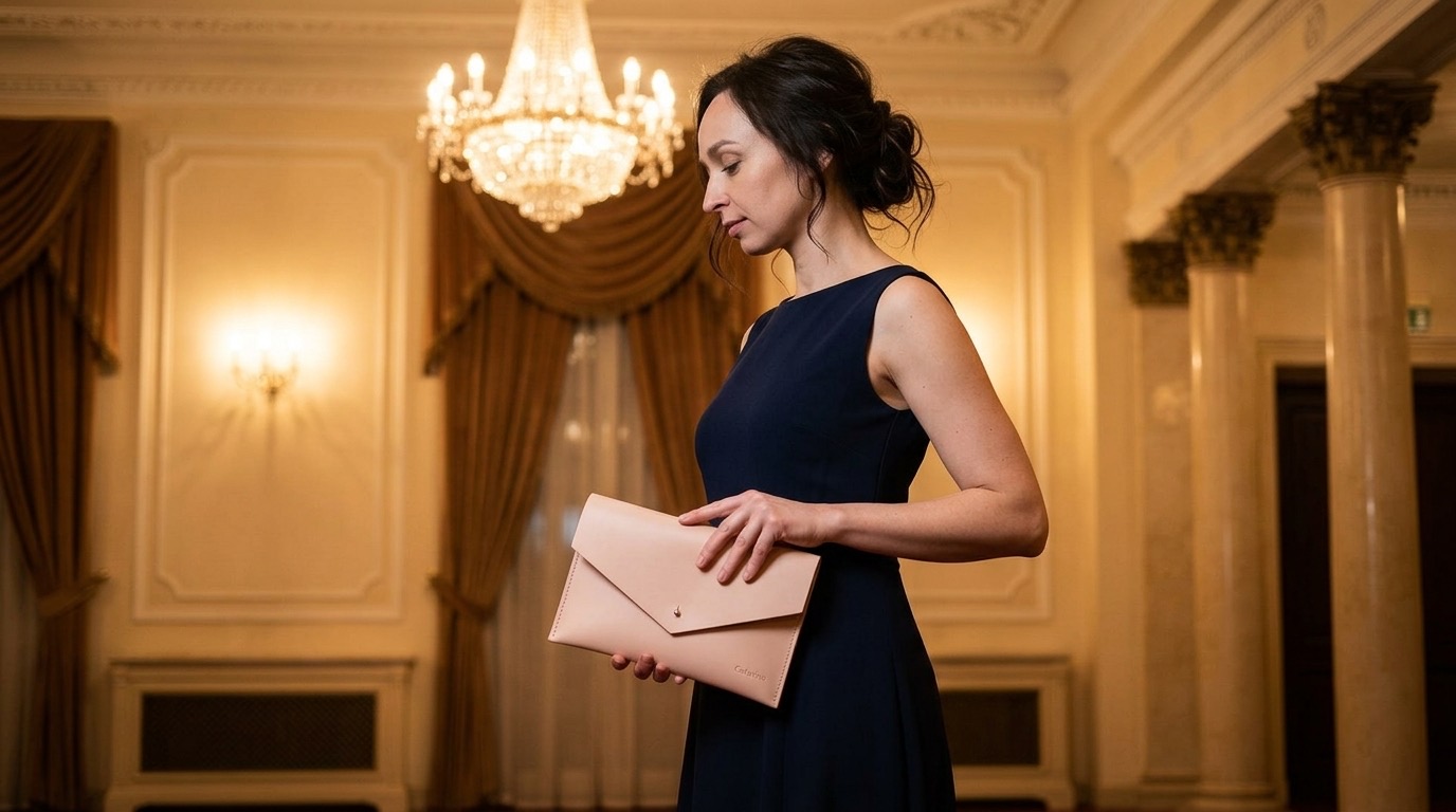 Elegantní žena v tmavých šatech drží pudrové kožené psaníčko Emily v divadle