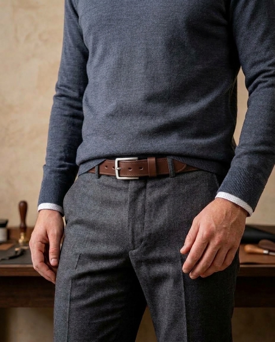 Detail pasu v merino svetru a kalhotách s úzkým opaskem Henry