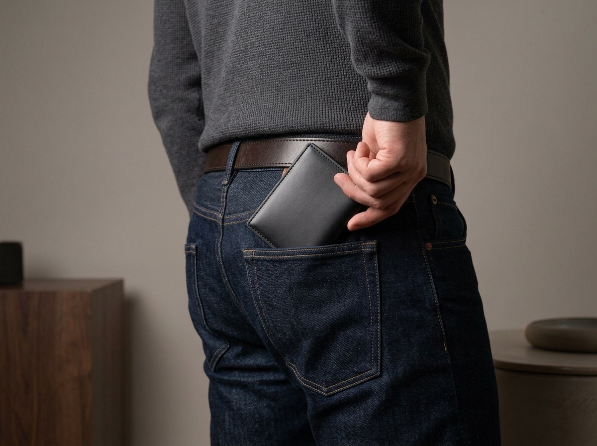 Černá peněženka Henry v zadní kapse tmavých raw denim džínů — tenký profil bez vyboulení