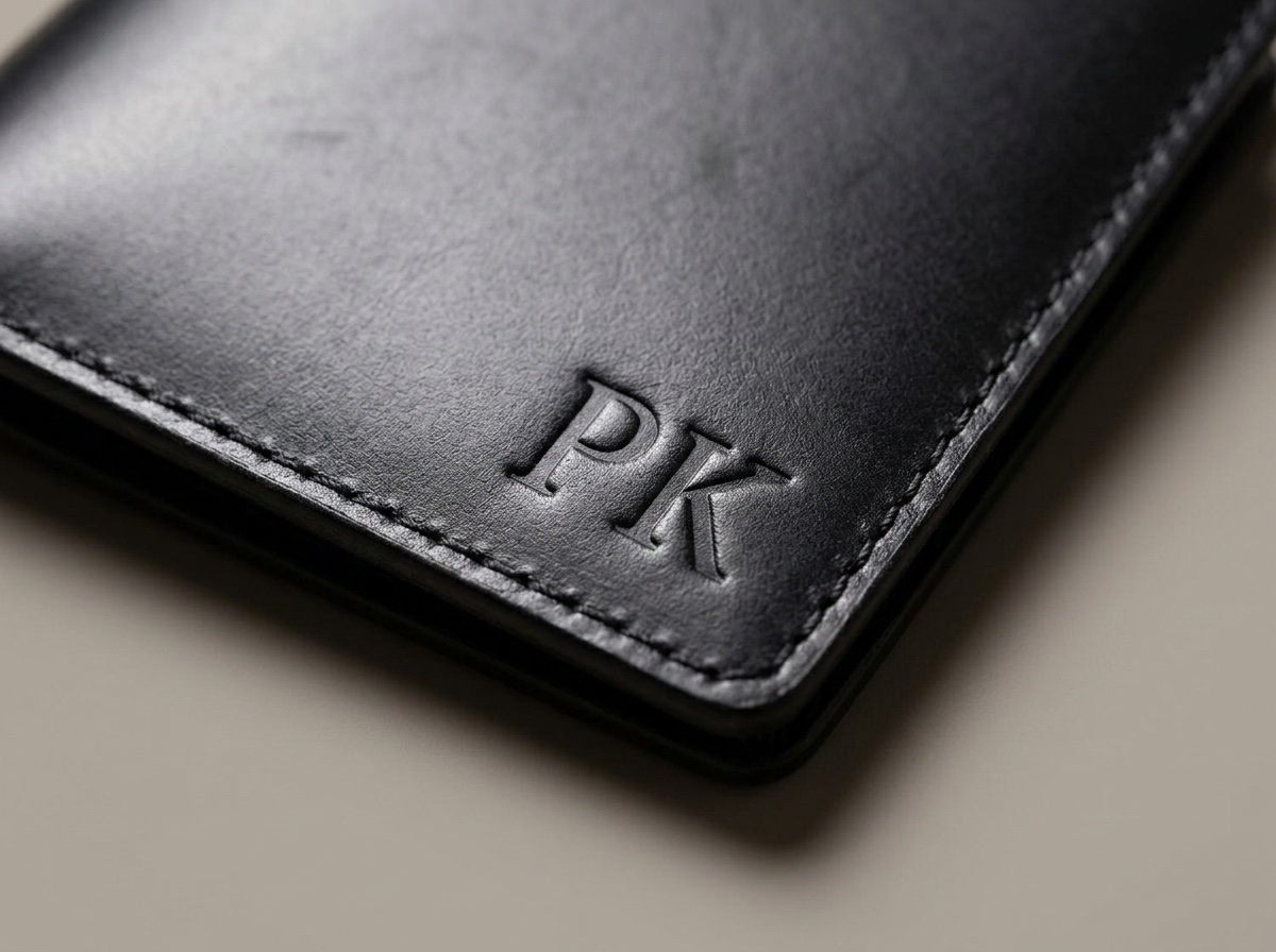 Detail ražby iniciálů PK do černé kůže Buttero na peněžence Henry