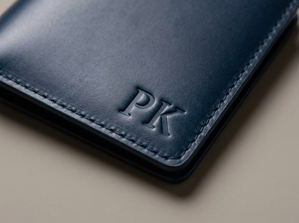 Detail ražby iniciálů PK do modré kůže Buttero na peněžence Henry