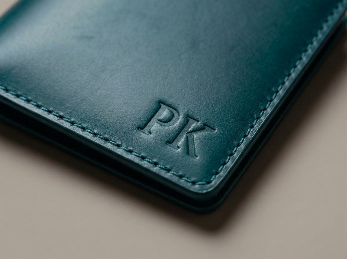 Detail ražby iniciálů PK do tyrkysové kůže Buttero na peněžence Henry
