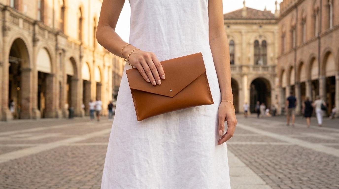 Elegantní žena na evropském náměstí s koňakovým koženým psaníčkem Emily