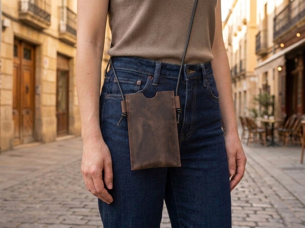 Hnědé kožené pouzdro na telefon Laura z pull-up usně na černé šňůrce přes rameno, venku ve městě