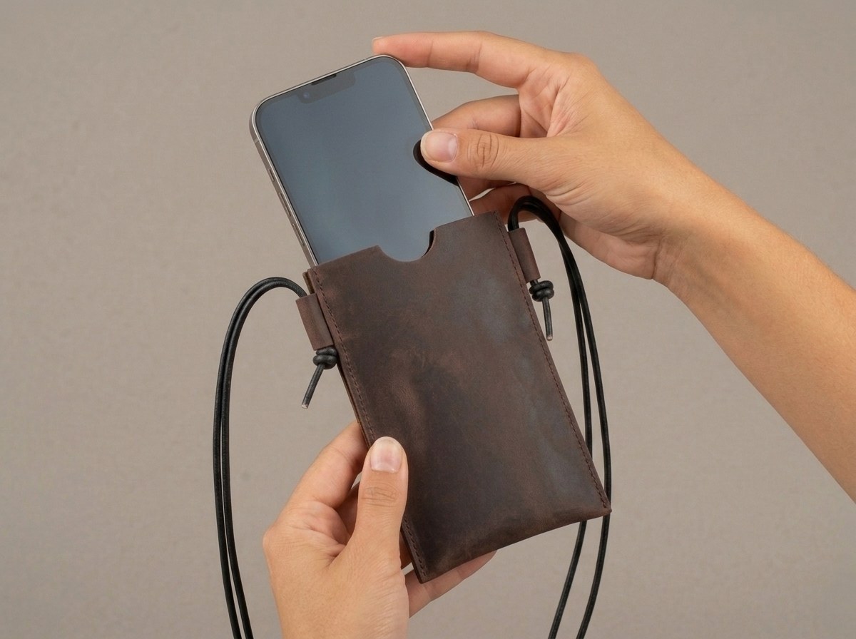 Ruce zasouvají telefon do hnědého koženého pouzdra Laura — těsný fit
