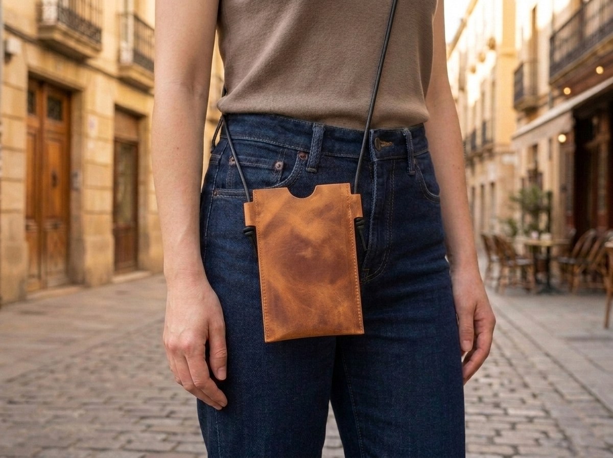 Koňakové kožené pouzdro na telefon Laura z pull-up usně na černé šňůrce přes rameno, venku ve městě