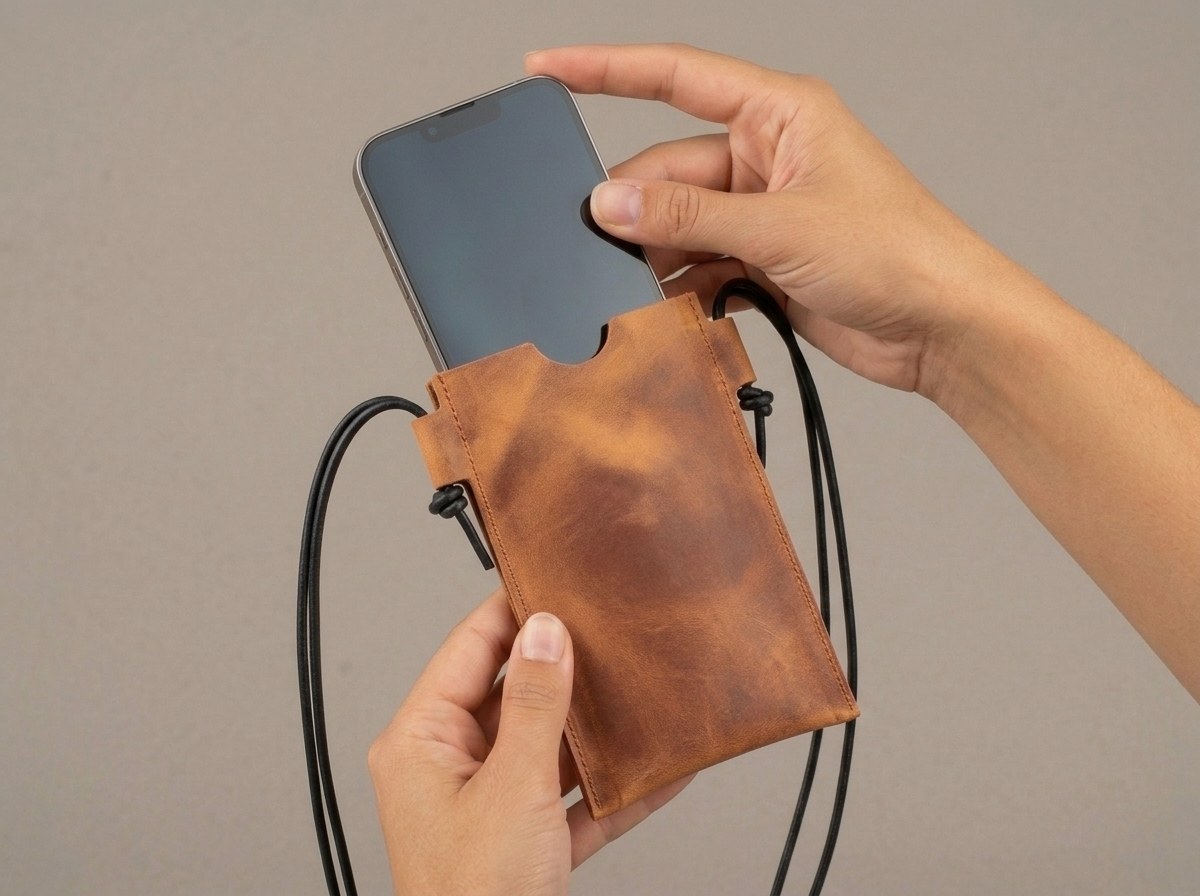 Ruce zasouvají telefon do koňakového koženého pouzdra Laura — těsný fit