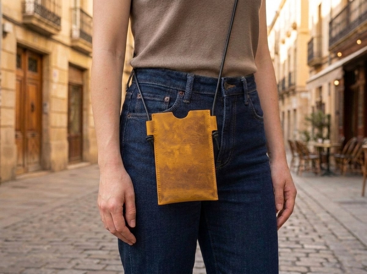 Žluté kožené pouzdro na telefon Laura z pull-up usně na černé šňůrce přes rameno, venku ve městě
