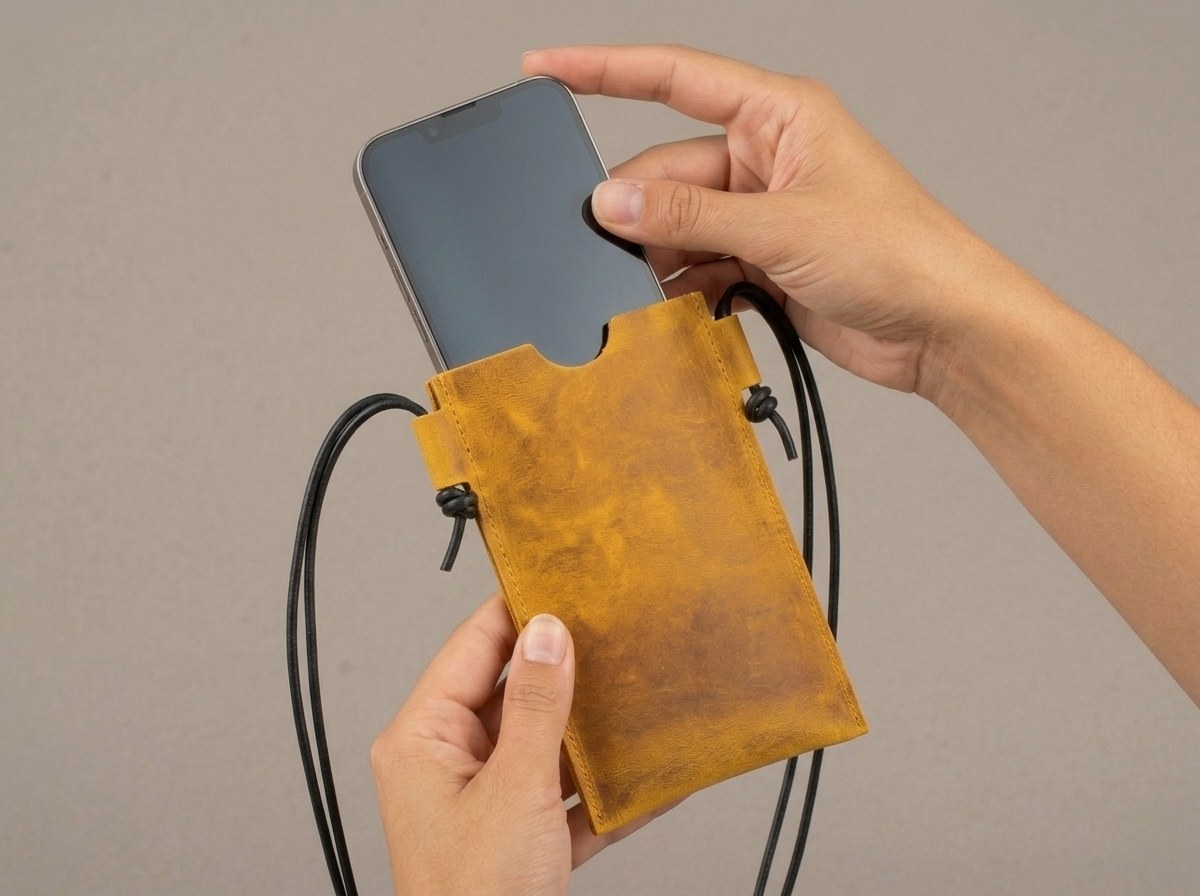 Ruce zasouvají telefon do žlutého koženého pouzdra Laura — těsný fit