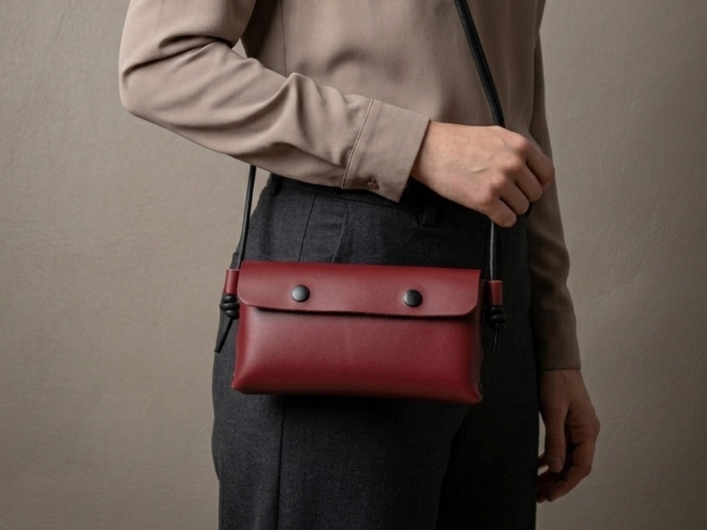 Žena nosí koženou kabelku Laura v bordó crossbody na dlouhém černém popruhu