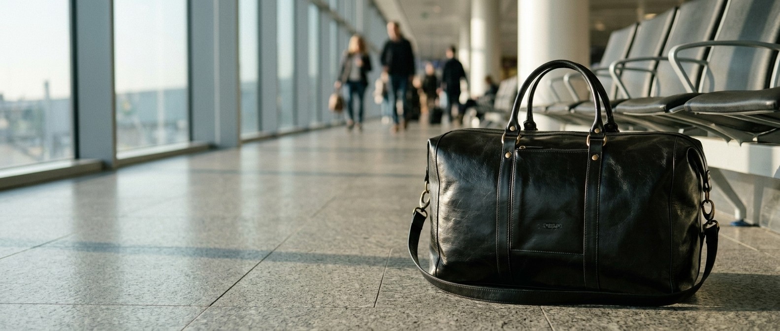 Černá kožená cestovní taška Marco stojí na leštěné podlaze letištního terminálu u prosklené stěny