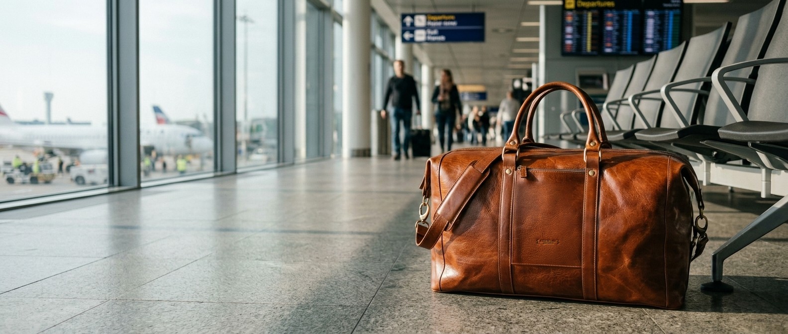 Koňaková kožená cestovní taška Marco stojí na leštěné podlaze letištního terminálu u prosklené stěny