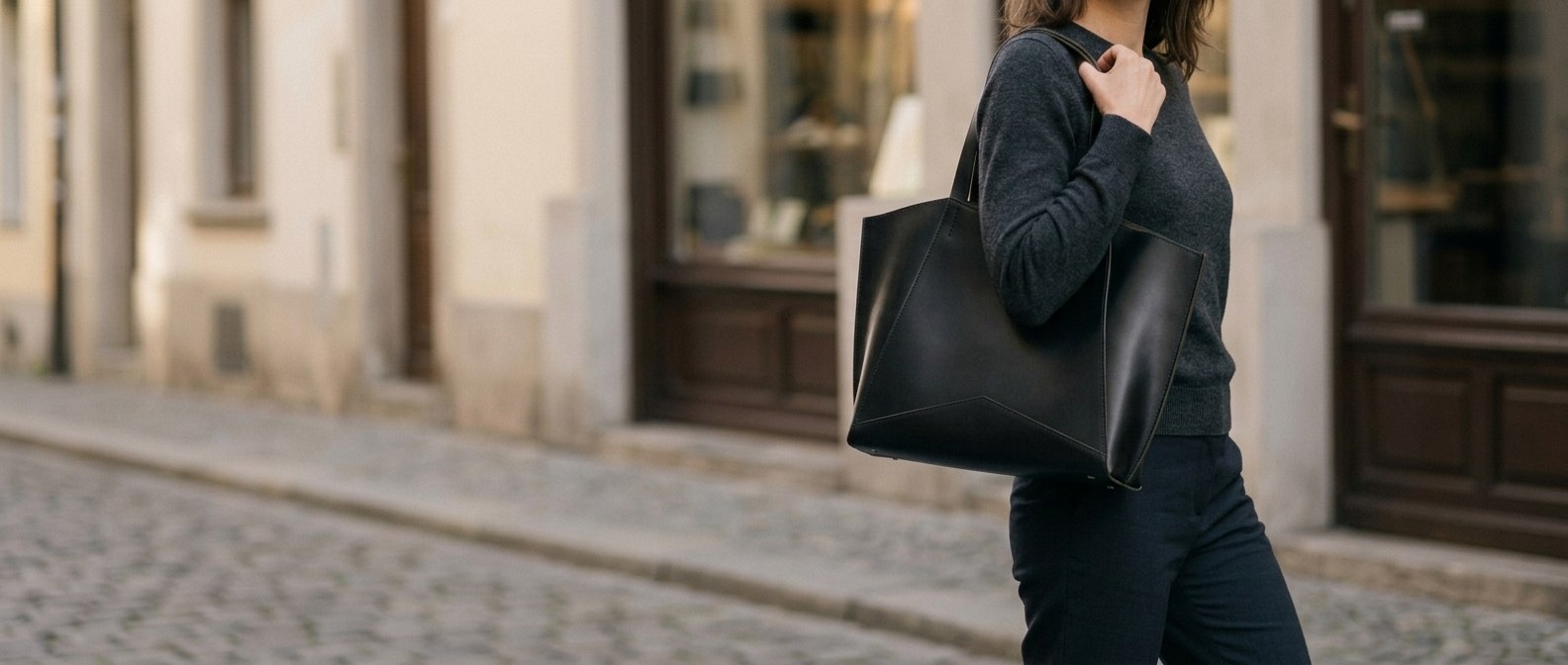 Žena v tmavém oblečení nese černou koženou tašku Margot Shopper přes rameno v ulici