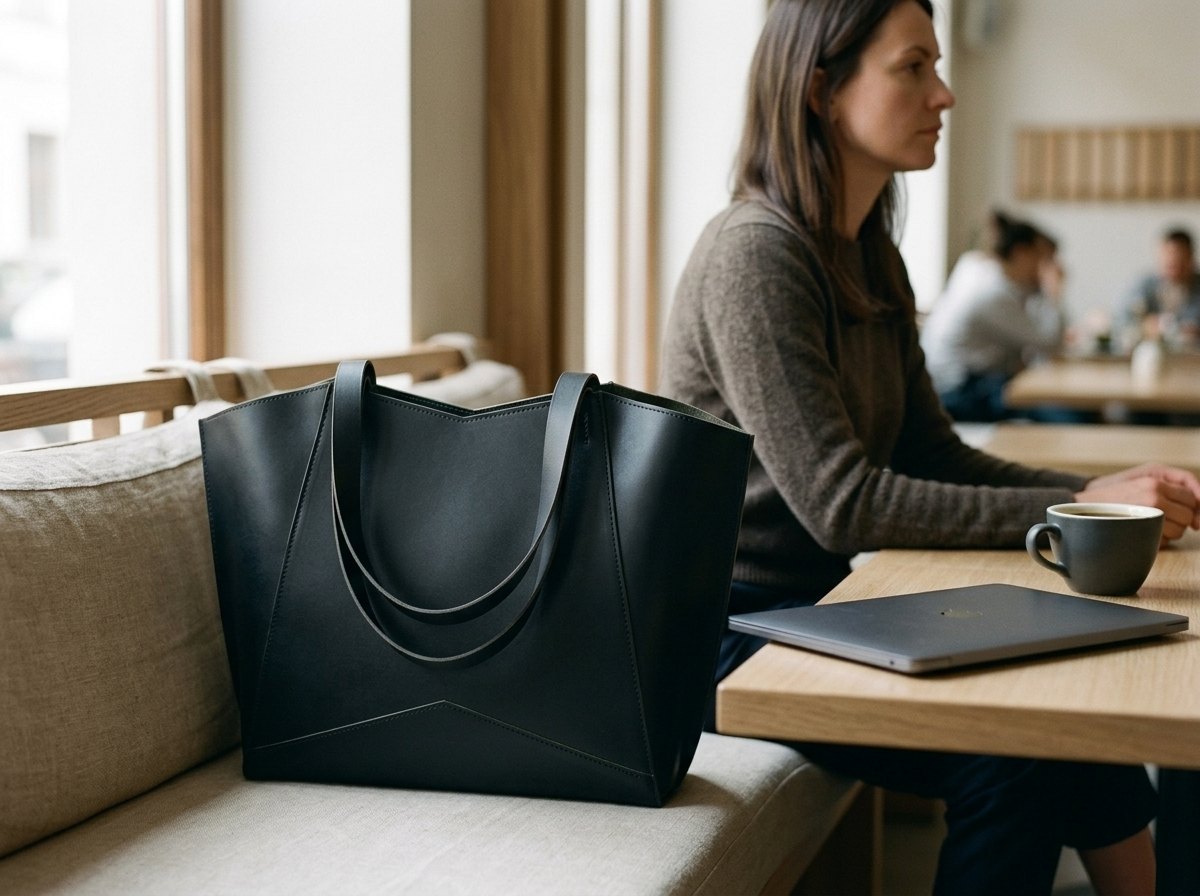 Černá kožená taška Margot Shopper stojí na lavici v kavárně u okna
