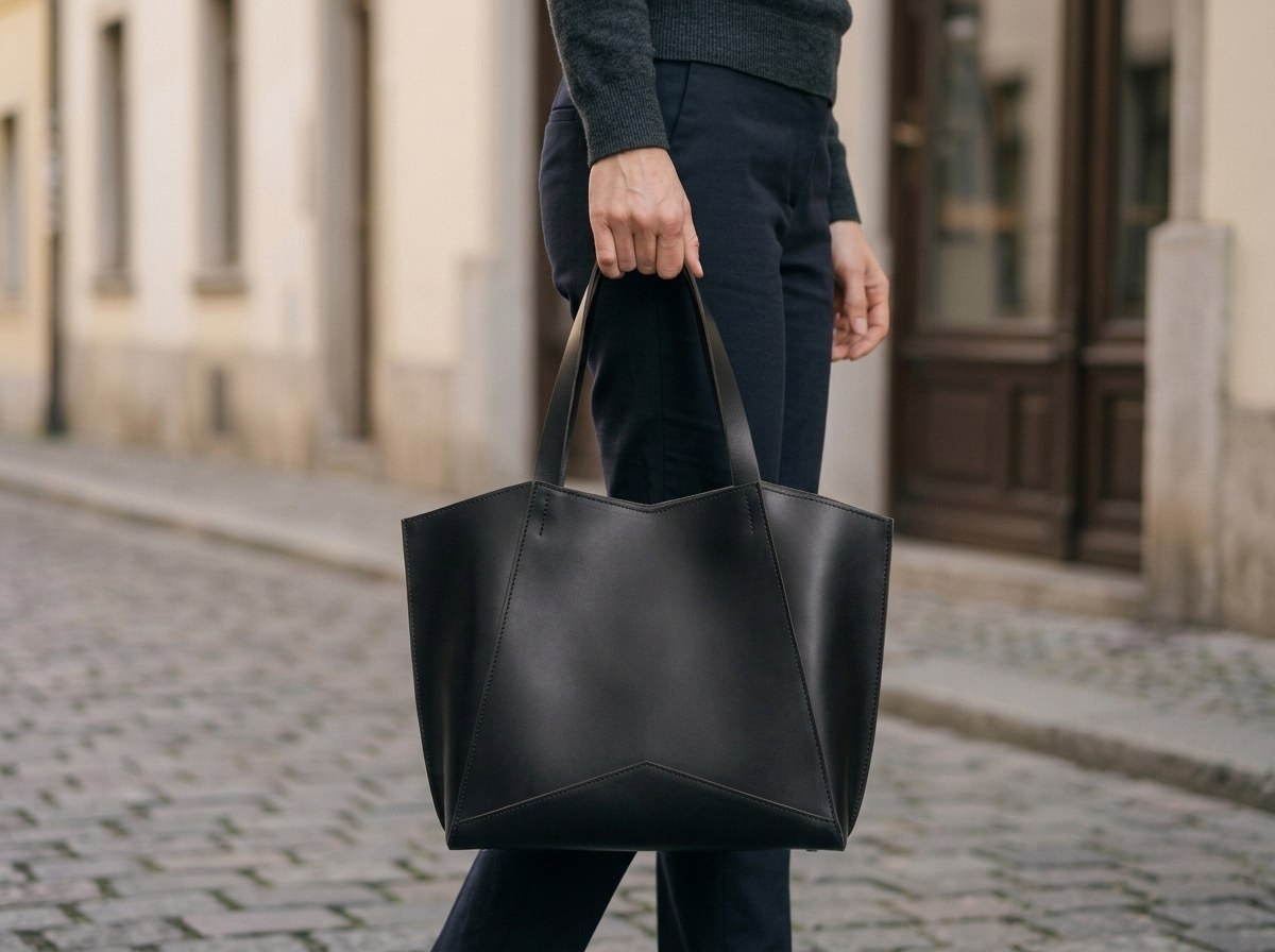 Ruka nese černou koženou tašku Margot Shopper za obě kožená držadla v ulici