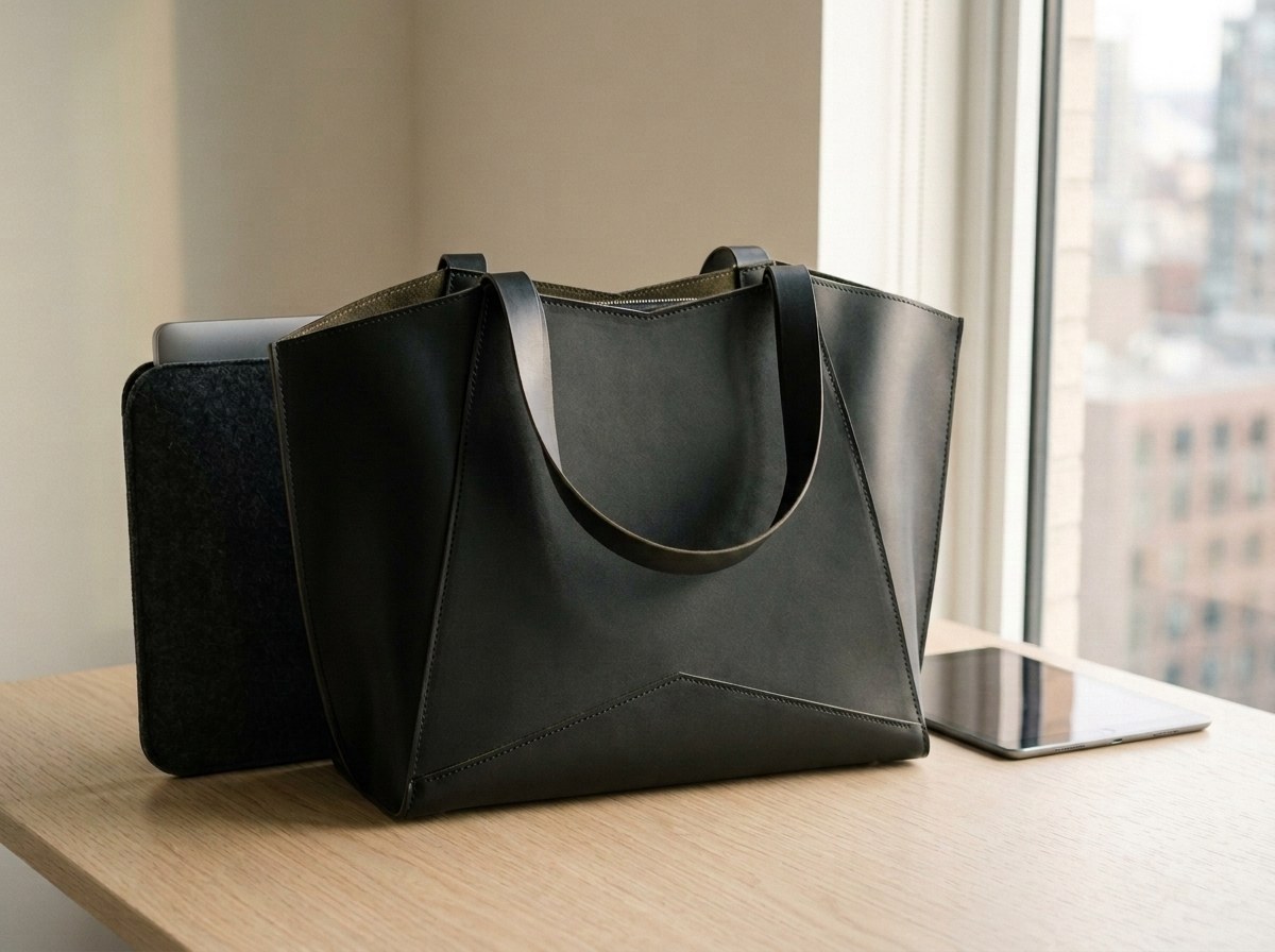 Taška Margot Shopper na pracovním stole vedle notebooku v obalu a tabletu