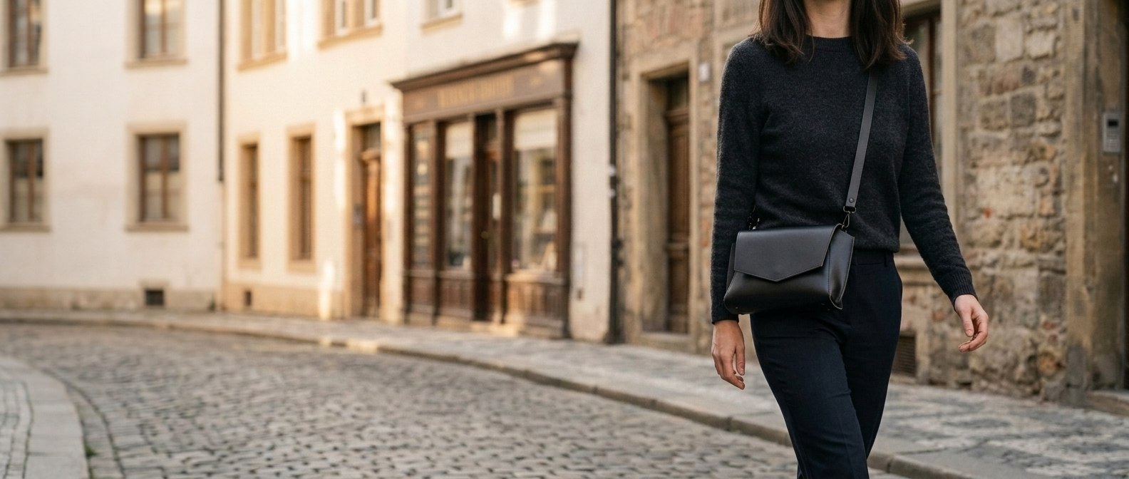 Žena nese černou koženou kabelku Margot Crossbody přes tělo v ulici