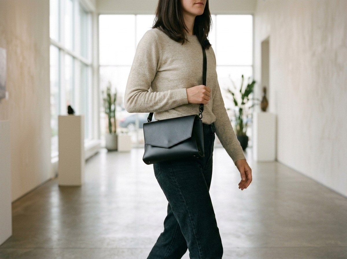 Žena ve světlém svetru jde s černou kabelkou Margot Crossbody přes tělo, popruh vede diagonálně