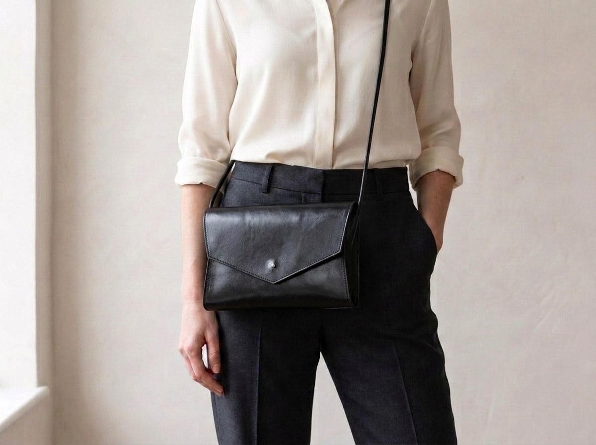 Žena v hedvábné košili a elegantních kalhotách nosí černou kabelku Mia crossbody na tenkém koženém popruhu